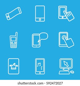 touchscreen icons set. Set of 9 touchscreen outline icons such as Poker on phone, pointer on display, finger on display, phone