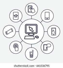 Touchscreen icons set. set of 9 touchscreen outline icons such as poker on phone, pointer on display, phone