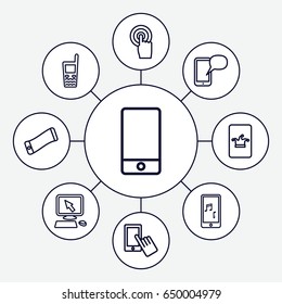 Touchscreen icons set. set of 9 touchscreen outline icons such as poker on phone, pointer on display, finger on display, phone