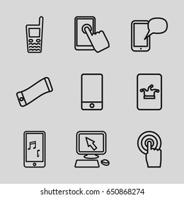 Touchscreen icons set. set of 9 touchscreen outline icons such as poker on phone, pointer on display, phone
