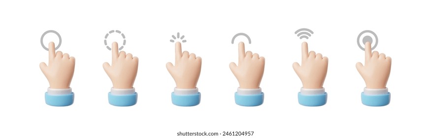 Touchscreen interaction captured as a vector set of 3D hand icons. Click and tap gestures with index finger in cartoon style designed for easy use on isolated background.