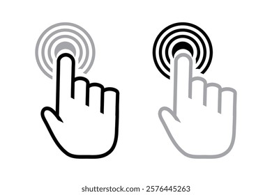 Touchscreen interaction icon. Pointer click icon. Clicking the cursor line symbol and pointing hand clicks the icon.