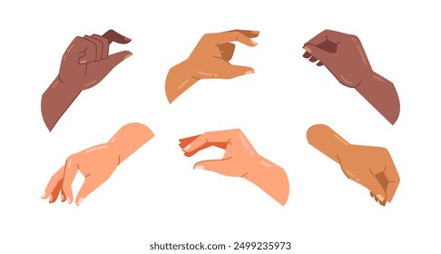 Touchscreen interactions gestures. Vector isolated flat set of palms and hands zooming in or pinching. UI and UX gesturing, diversity of people or users. Pointing or taking small objects