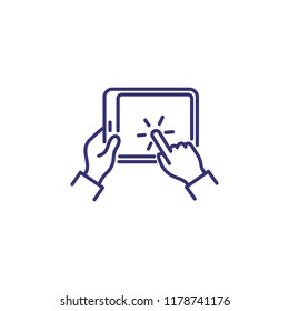 Touchscreen line icon. Digital tablet, computer, user.Application concept. Vector illustration can be used for topics like technology, communication, game