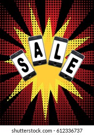 Touchscreen modern smart phones with stylized sale word.