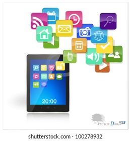 Touchscreen modern tablet pc with cloud of colorful application. Vector illustration.