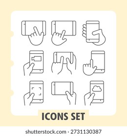 Pantalla táctil, batería del teléfono, cámara del teléfono conjunto de iconos simples que representan teléfonos inteligentes, gestos e interacciones elementos en estilo de contorno para App e imprimir sobre fondo blanco. Conjunto de nueve iconos de línea delgada