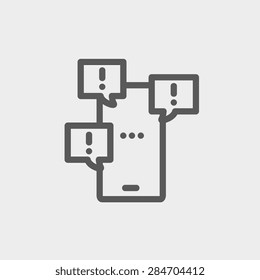 Touchscreen phone with error messages bubbles icon thin line for web and mobile, modern minimalistic flat design. Vector dark grey icon on light grey background.