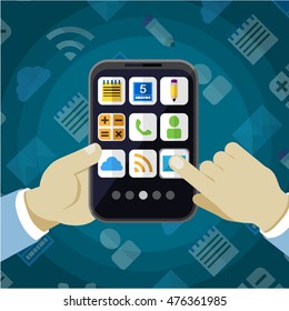 Touchscreen phone flat vector creative concept illustration, hand pressing on screen, applications, calculator, phone, call, wireless, notes, for banners and posters