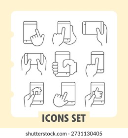 Pantalla táctil, juegos de teléfono, lanzador de teléfono conjunto de iconos simples que representan teléfonos inteligentes, gestos e interacciones elementos en estilo de contorno para App e imprimir sobre fondo blanco. Conjunto de nueve iconos de línea delgada