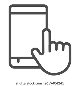 Icono de línea vertical del teléfono con pantalla táctil, usando el concepto de teléfono inteligente, pantalla táctil con signo del dedo índice sobre fondo blanco, icono de estilo de contorno para móvil y Diseño web. Gráficos de Vector