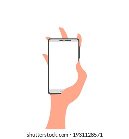 Touchscreen phone with a white blank screen in the hand of a man. Vector illustration, flat cartoon color minimal design isolated on white background, eps 10.