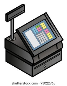 A touchscreen point of sale cash register with built-in card swipe slot cash drawer.