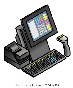 A touchscreen point of sale terminal with a receipt printer, keyboard and hand held barcode scanner.