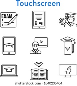 touchscreen set. included exam, tablet, teacher, smartphone, student-laptop, student-tablet, microscope icons. linear styles.