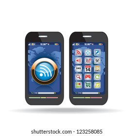 Touchscreen Smart Phone with Cloud of Media Application Icons. Vector Image