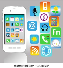 Touchscreen Smart Phone with Cloud of Media Application Icons. Vector Image