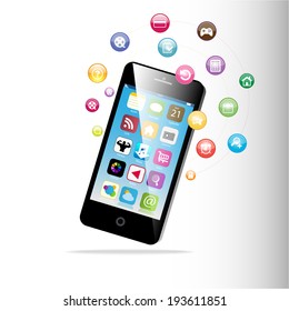 Touchscreen Smart Phone with Cloud of Media Application Icons. 