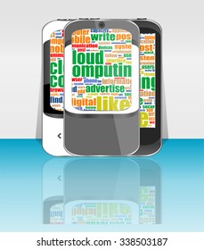 Touchscreen smart phone set with social word cloud vector illustration