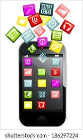Touchscreen smartphone with colorful application icons isolated on white background