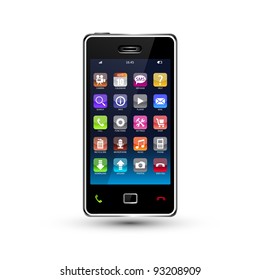 touchscreen smartphone with colorful application icons