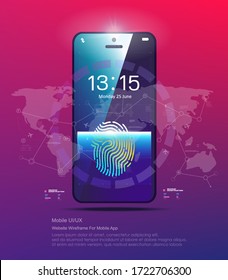 Touchscreen smartphone with fingerprint app. Protect your data around the world. Secure access to your data on the phone. HUD style smartphone app