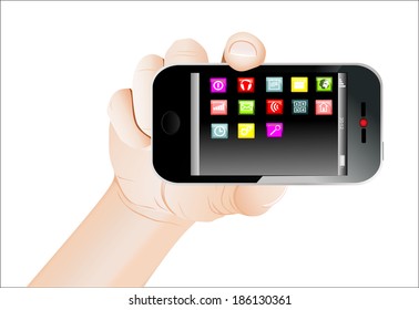 Touchscreen smartphone and hand holding cloud of colorful application, isolated on white background