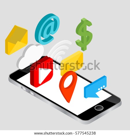 Touchscreen smartphone with social media icons vector. Work, business concept,  smartphone in the centre and a Set of flat design icons for Business and Social media marketing around the smartphone. 
