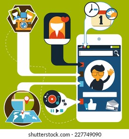 Touchscreen smartphone with social, web and media application icons on green background