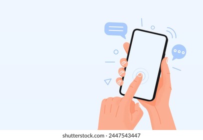 Touchscreen smartphone using, device media app. Vector illustration