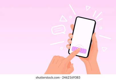 Touchscreen smartphone using, device media app. Vector illustration