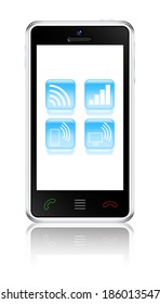 Touchscreen smartphone with wireless communications icons. Vector illustration.