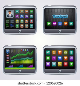 Touchscreen tablet pc with icons isolated on white background