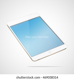 Touchscreen white golden tablet computer vector mockup with blank screen