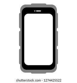 Tough Black Smartphone With Blank White Screen In Protective Case Cover Isolated On White Background; Heavy Duty Technology Device And Outdoor Adventure Life Style Concept