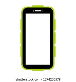 Tough Black Smartphone In Reflective Green Protective Phone Case With Blank Screen For Add Text Or Design Isolated On White Background; Heavy Duty And Outdoor Adventure Life Concept