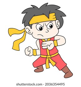 tough boy fighter practicing martial arts poses, vector illustration art. doodle icon image kawaii.