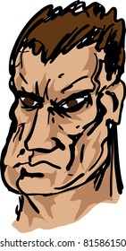 Tough, brutish, square-jawed rough mean looking guy, hand-drawn vector  illustration