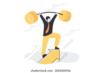 Tough business person lifting heavy barbell of coins. Strong man making effort, reaching up as metaphor for growth or progress, flat vector illustration. Success, challenge, strength, finance concept