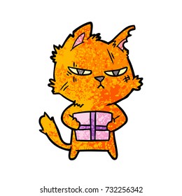 tough cartoon cat with christmas present