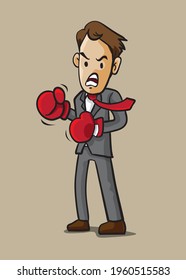 Tough competitive business concept businessman wearing boxing gloves, cartoon concept vector illustration
