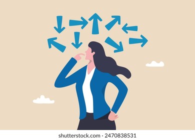 Tough decisions, choosing career path, make choices or think about final result, business directions challenge, confusion or decide options concept, businesswoman thinking and make business decisions.