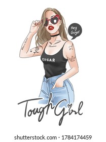 Tough Girl Slogan With Tattooed Girl In Sunglasses Illustration