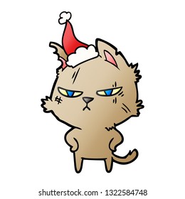 tough hand drawn gradient cartoon of a cat wearing santa hat