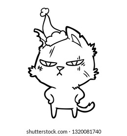 tough hand drawn line drawing of a cat wearing santa hat