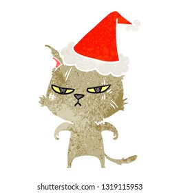 tough hand drawn retro cartoon of a cat wearing santa hat