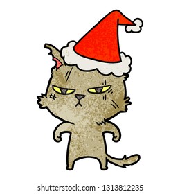 tough hand drawn textured cartoon of a cat wearing santa hat