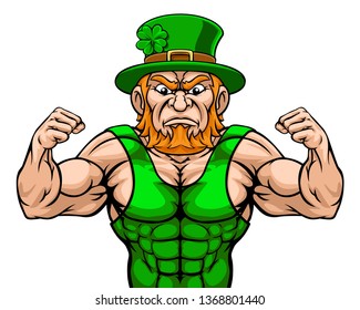 A tough leprechaun sports mascot cartoon character with fists up