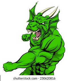 A tough looking green dragon character mascot fighting and punching with fist