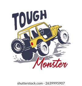 Tough monster jeep in mountain t-shirt graphic design vector illustration 